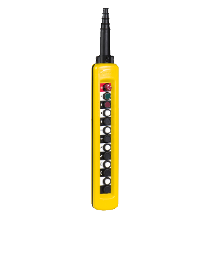 RHENES  CAJA PULSADORES COLGANTES C/PARO EMERGENCIA 12 PULSADORES 12X(1NO+1NC) AMARILLO IP65